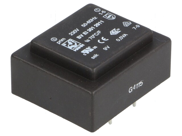 Transformator: ingegoten; 0,5VA; 230VAC; 9V; 56mA; PCB; BVEI Transformator: ingegoten; 0,5VA; 230VAC; 9V; 56mA; PCB; BVEI